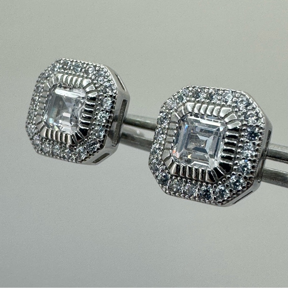 Sterling Silver CZ Halo Stud Earrings Square Cushion Cut NEW